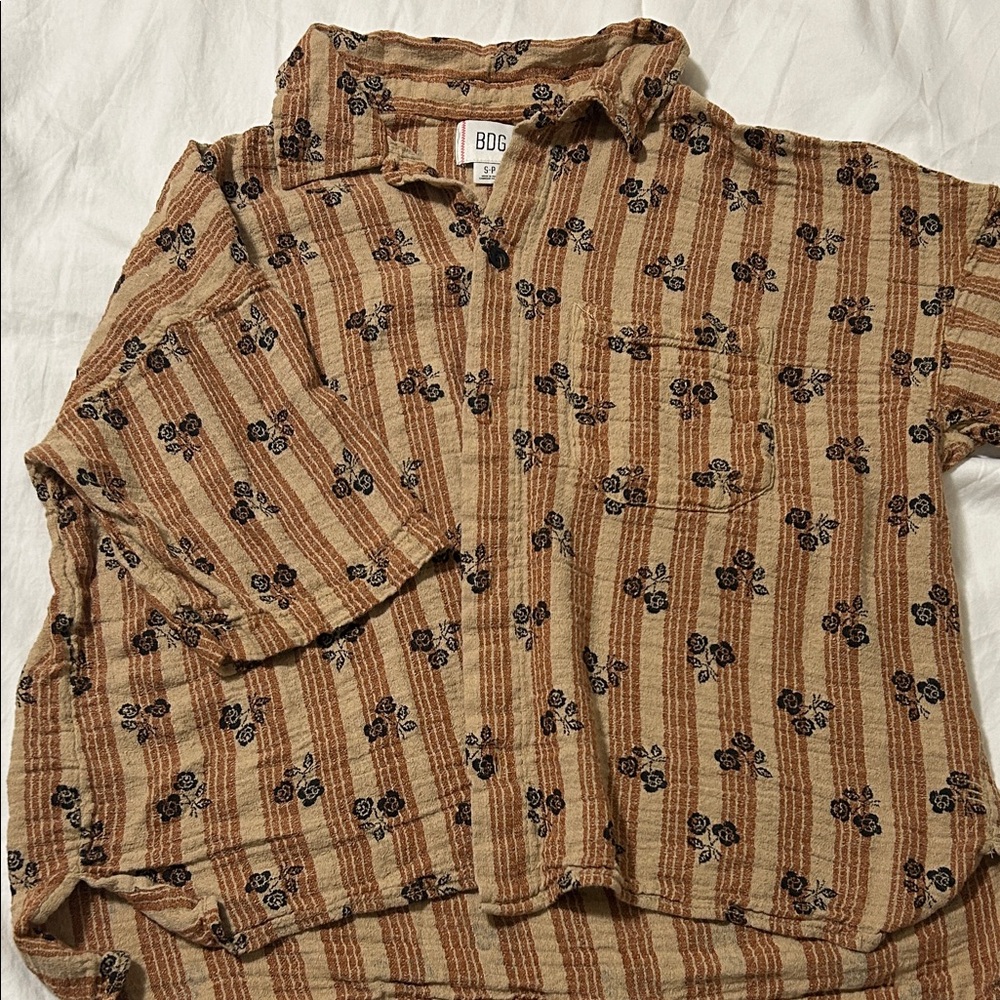 BDG Tan and Blue Striped Floral Men's Shirt